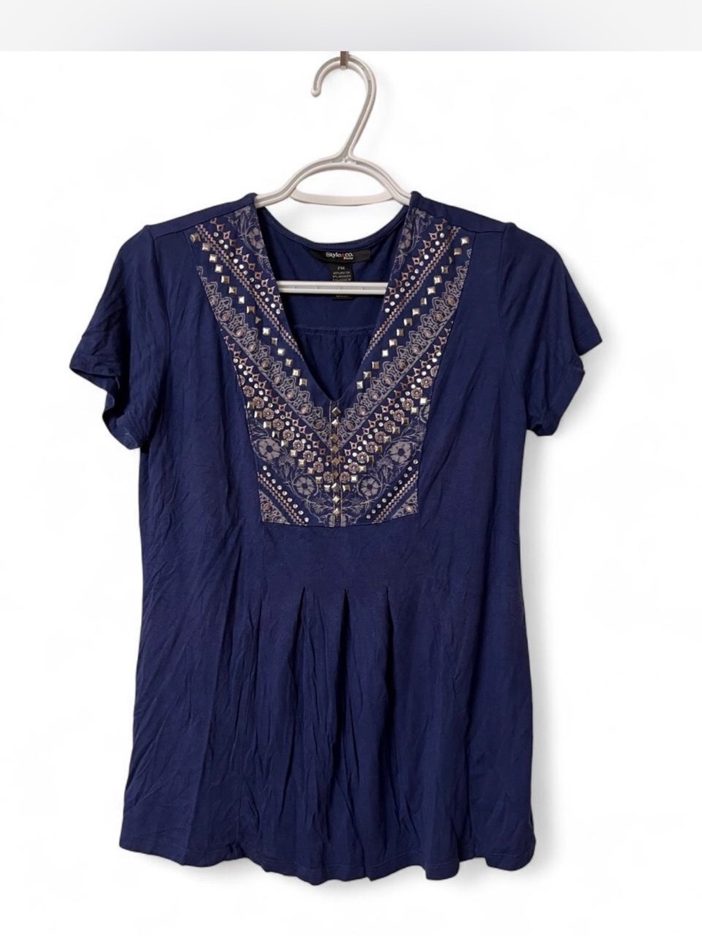 Style & Co Blue Embroidered V-Neck Blouse
